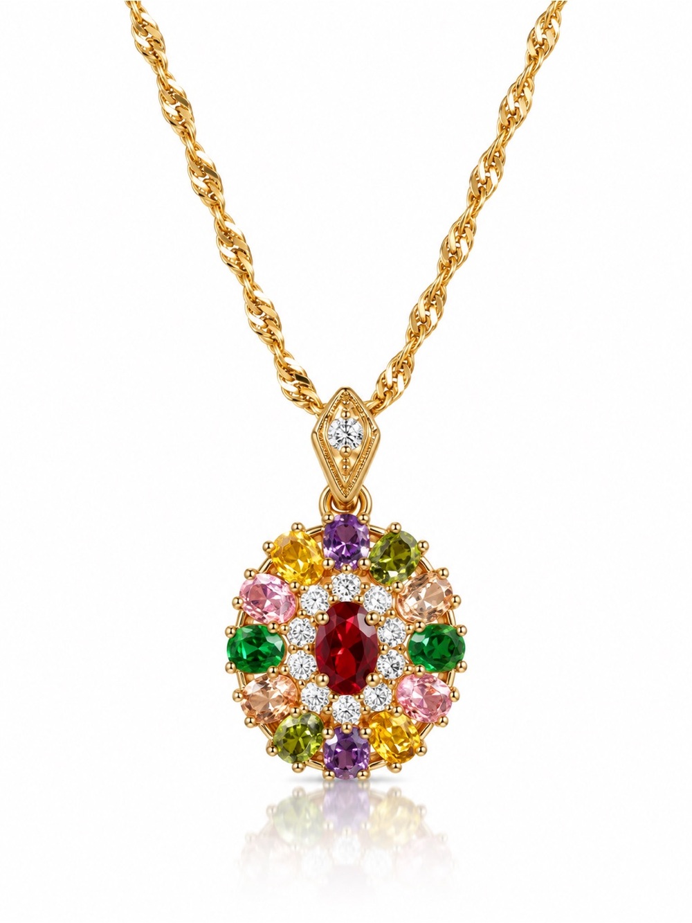 Gold Multi-Gemstone Oval Pendant Necklace - Women Jewelry